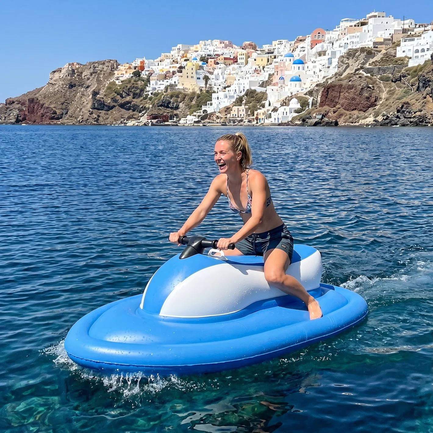 Customer riding inflatable electric water jet ski near a coastal town