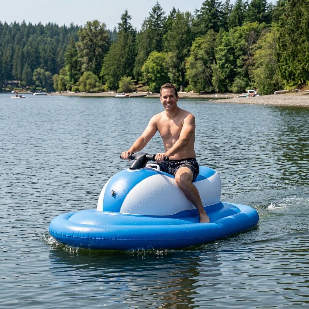 Customer riding inflatable electric water jet ski on a lake